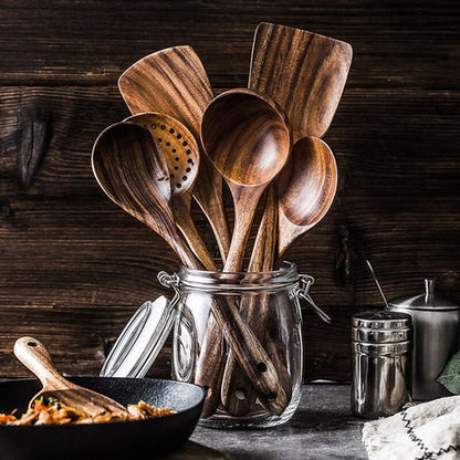 Ensemble d'ustensiles de cuisine en bois de teck