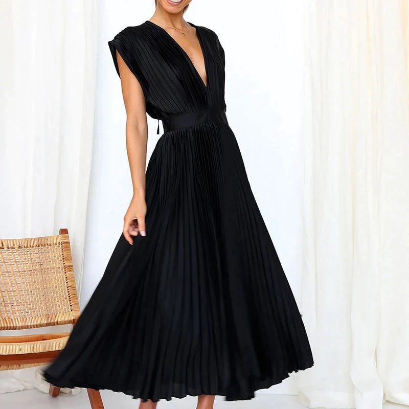 EVE - ROBE MAXI AVEC COL V ET PLIS 