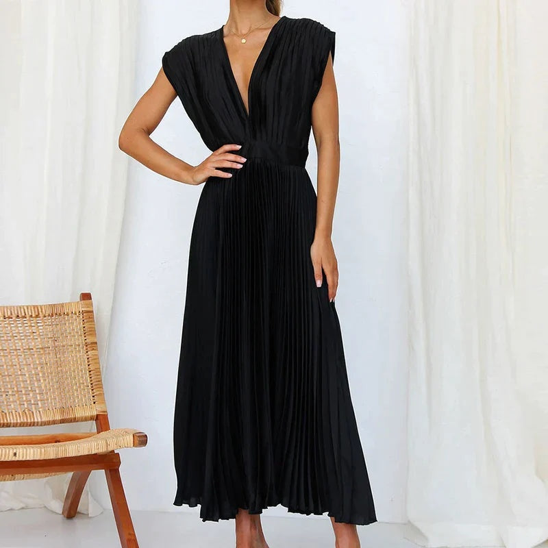 EVE - ROBE MAXI AVEC COL V ET PLIS 